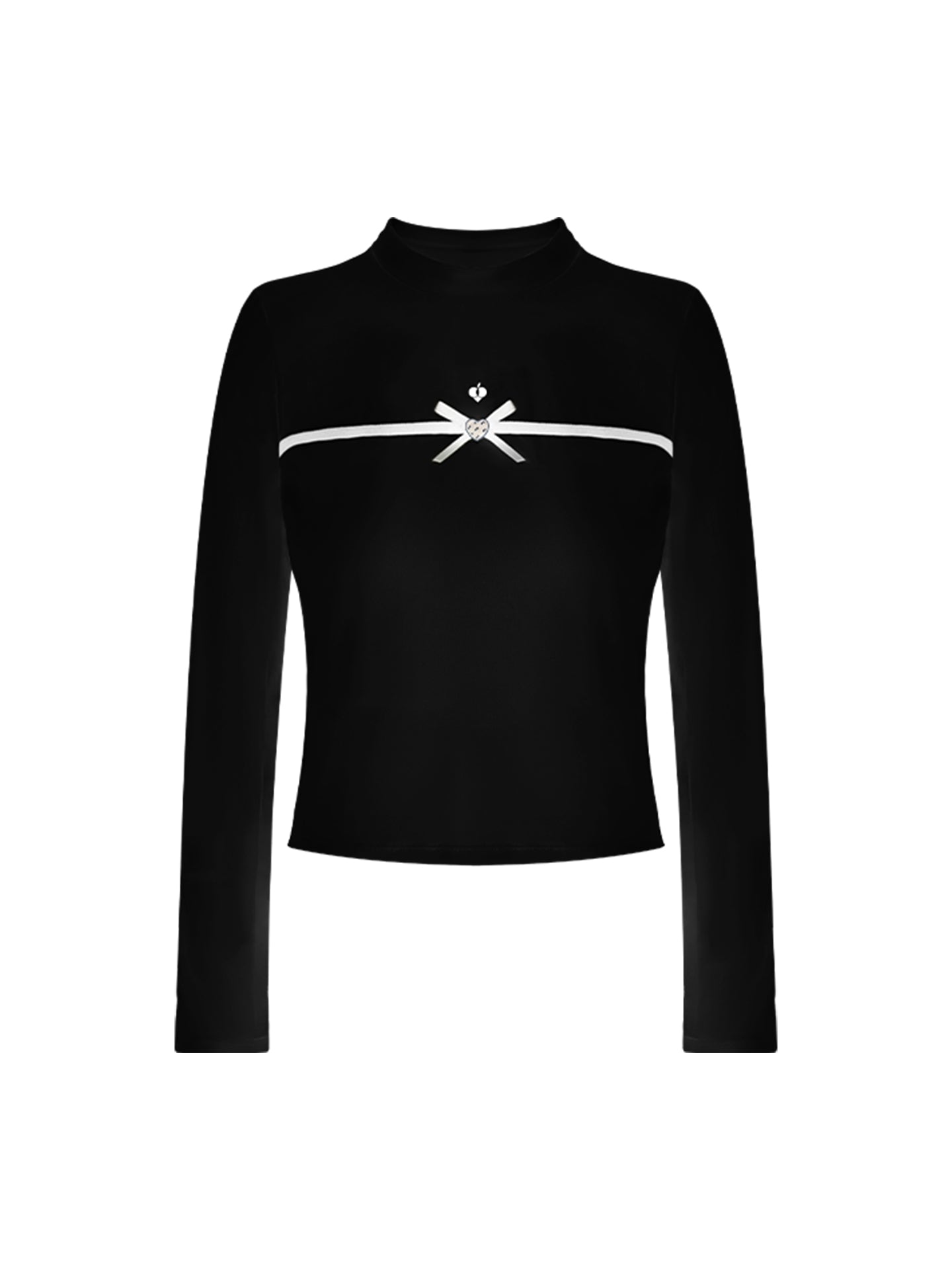 Black long-sleeve top with a smooth silhouette and contrast bow detail, styled on the tennis court.