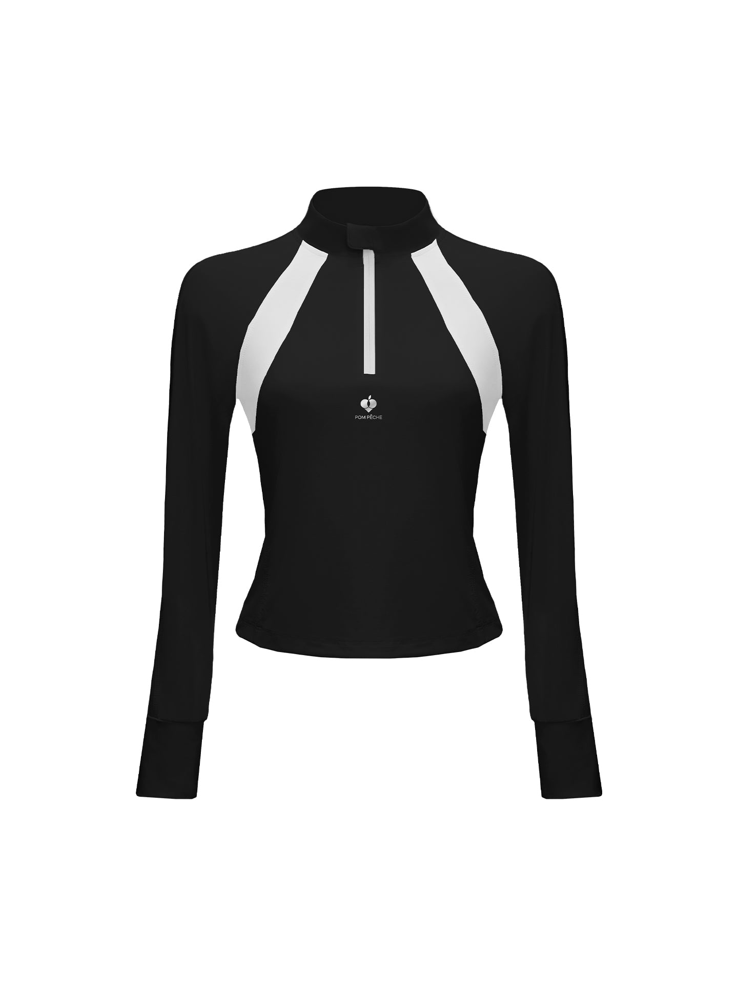 Black long-sleeve fitted top with a half-zip neckline and subtle logo detail, styled on the tennis court.