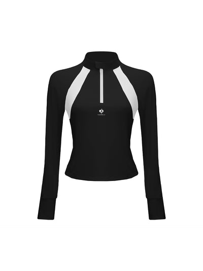 Black long-sleeve fitted top with a half-zip neckline and subtle logo detail, styled on the tennis court.