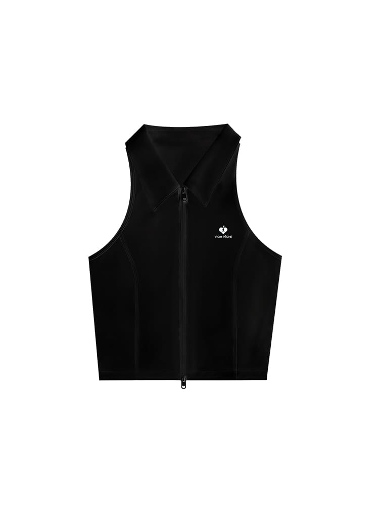 Black zip-front tennis tank with a collar and subtle logo, offering a chic look for on-court wear.