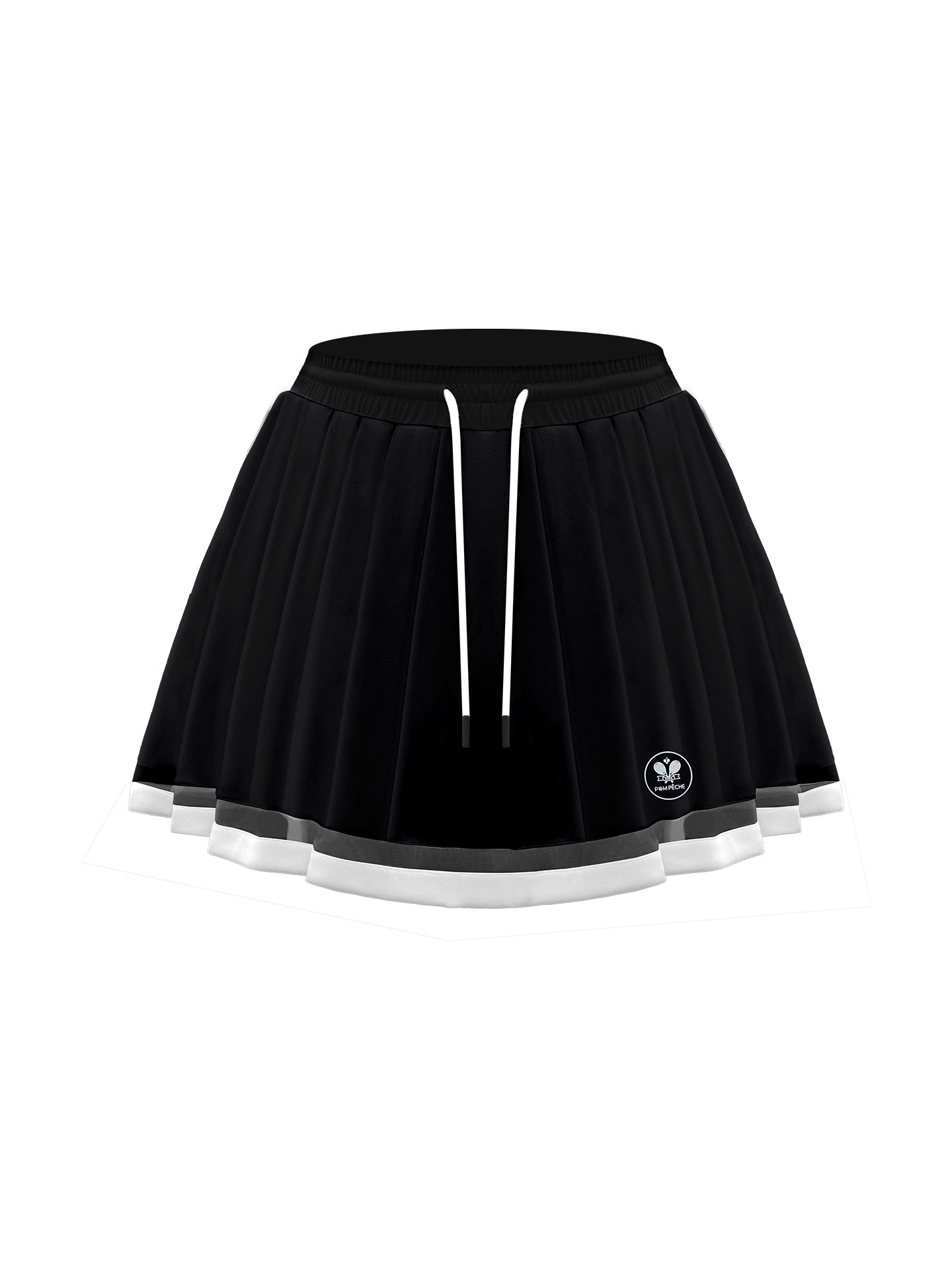 Black wavy hem tennis skirt with contrast white trim and adjustable drawstring waistband on white background