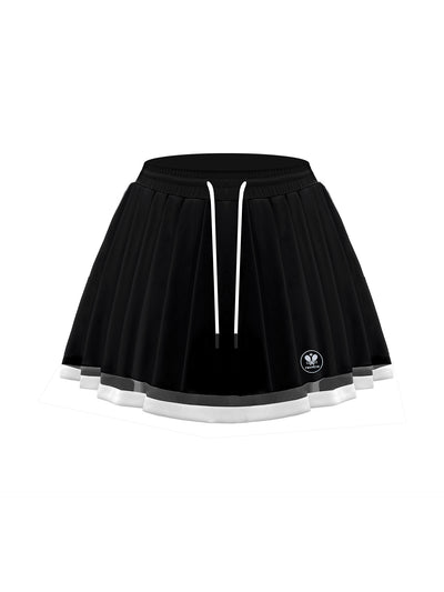 Black wavy hem tennis skirt with contrast white trim and adjustable drawstring waistband on white background