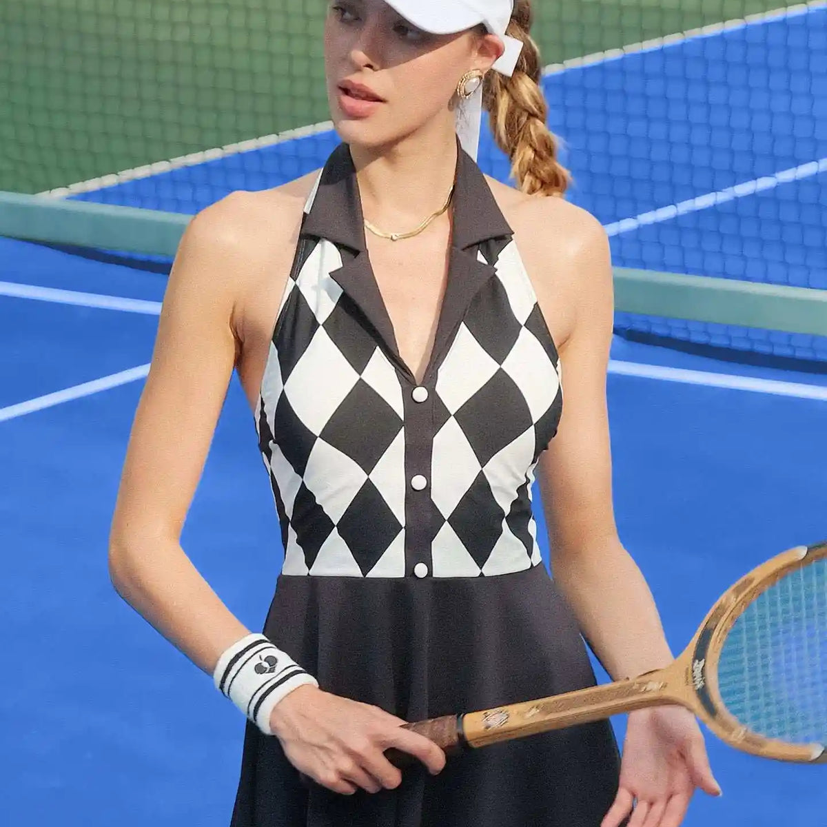 slim fit dress slacks Argyle Halter Backless Tennis Dress