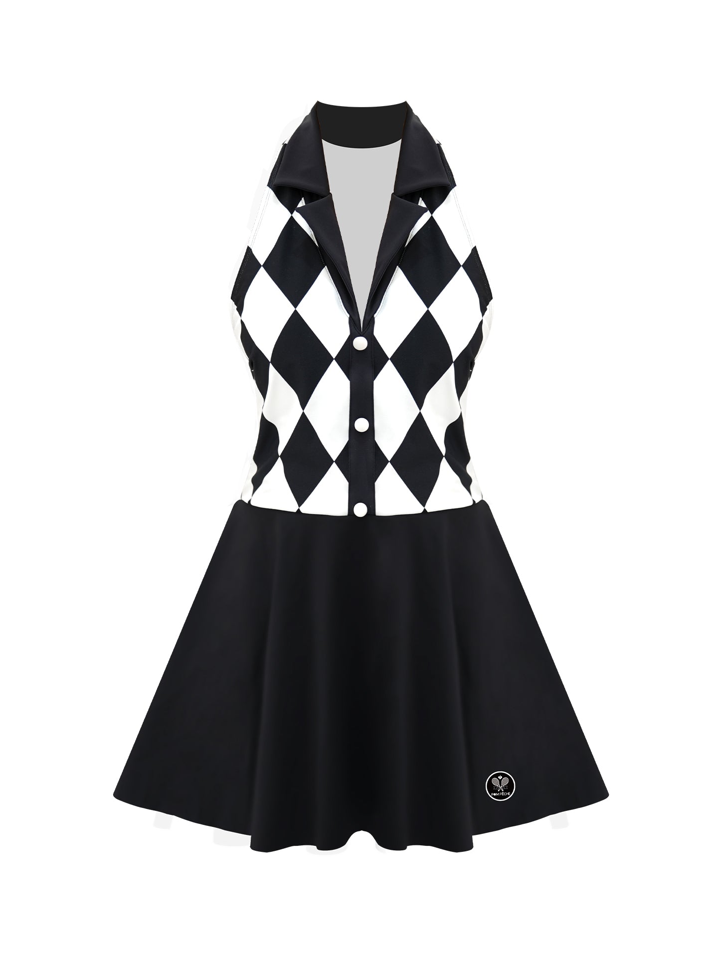 Black and white checkered tennis dress with a V-neck, flared skirt, and sleeveless design, styled on a tennis court.