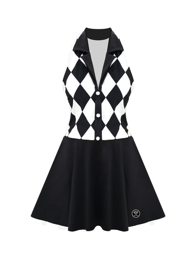 Black and white checkered tennis dress with a V-neck, flared skirt, and sleeveless design, styled on a tennis court.