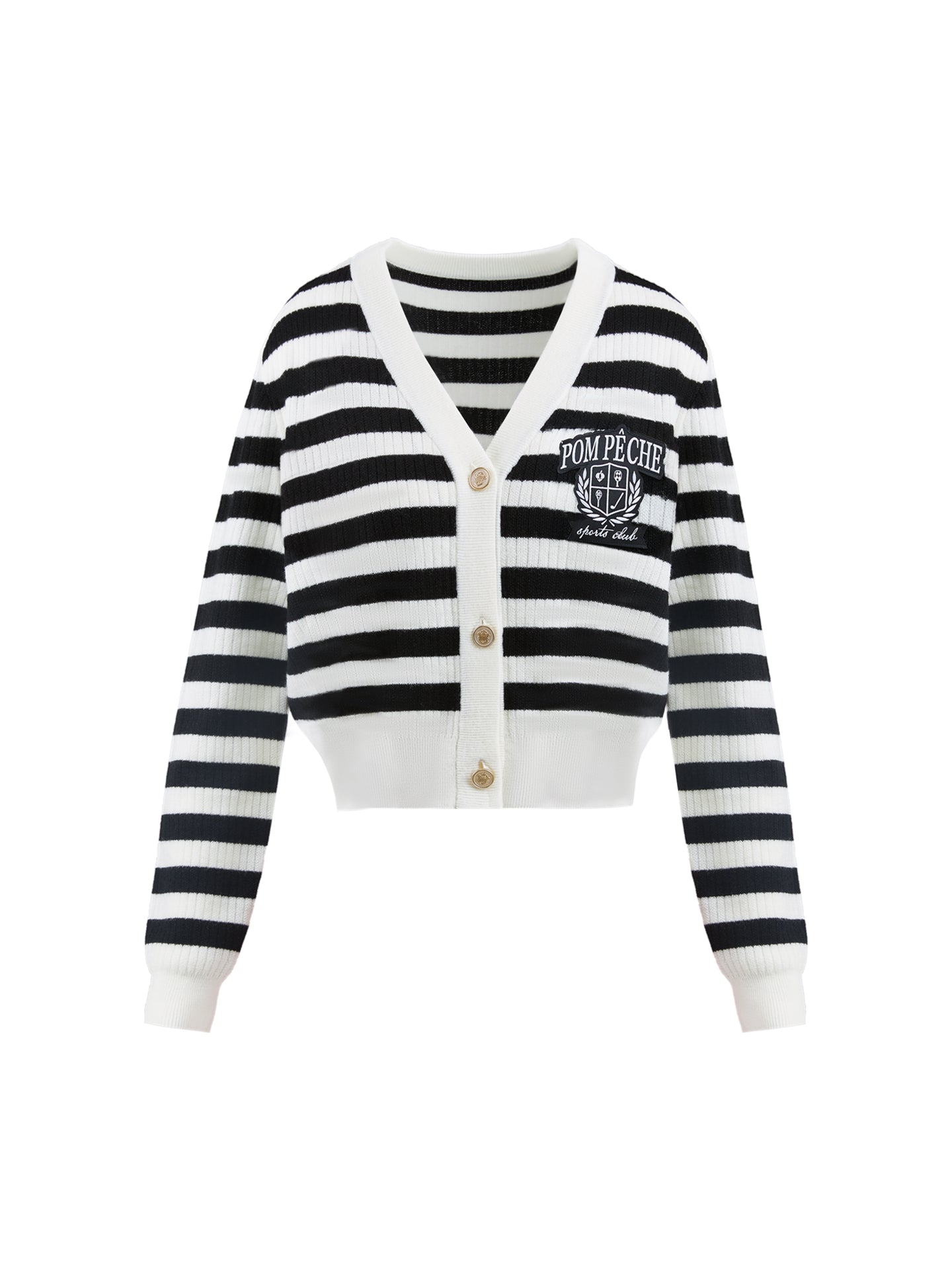 Black and white striped cardigan with a V-neck, button-down design, featuring an embroidered logo. Styled from court to café.