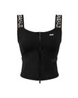 Leopard print sports tank with contrast straps and a zip front. Fitted, chic, and perfect for elevating your tennis practice look.