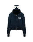 Navy blue zip-up hoodie with bow detail on the hood and embroidered logo, perfect for warm-ups or everyday wear.