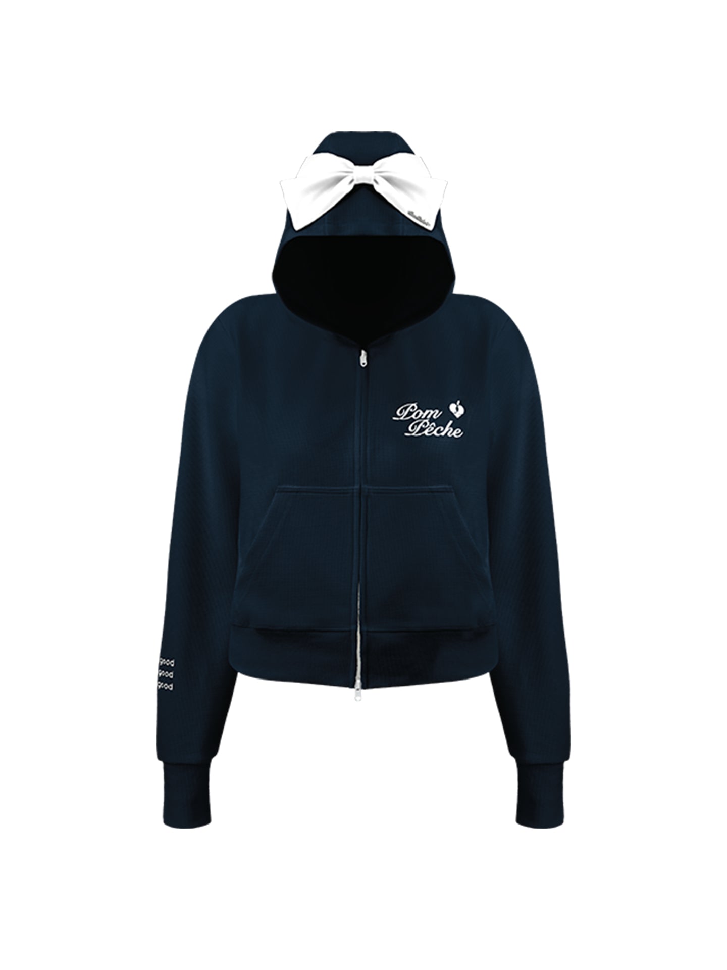 Navy blue zip-up hoodie with bow detail on the hood and embroidered logo, perfect for warm-ups or everyday wear.