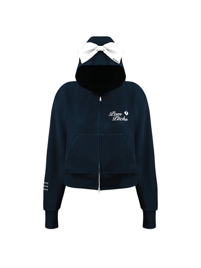 Navy blue zip-up hoodie with bow detail on the hood and embroidered logo, perfect for warm-ups or everyday wear.