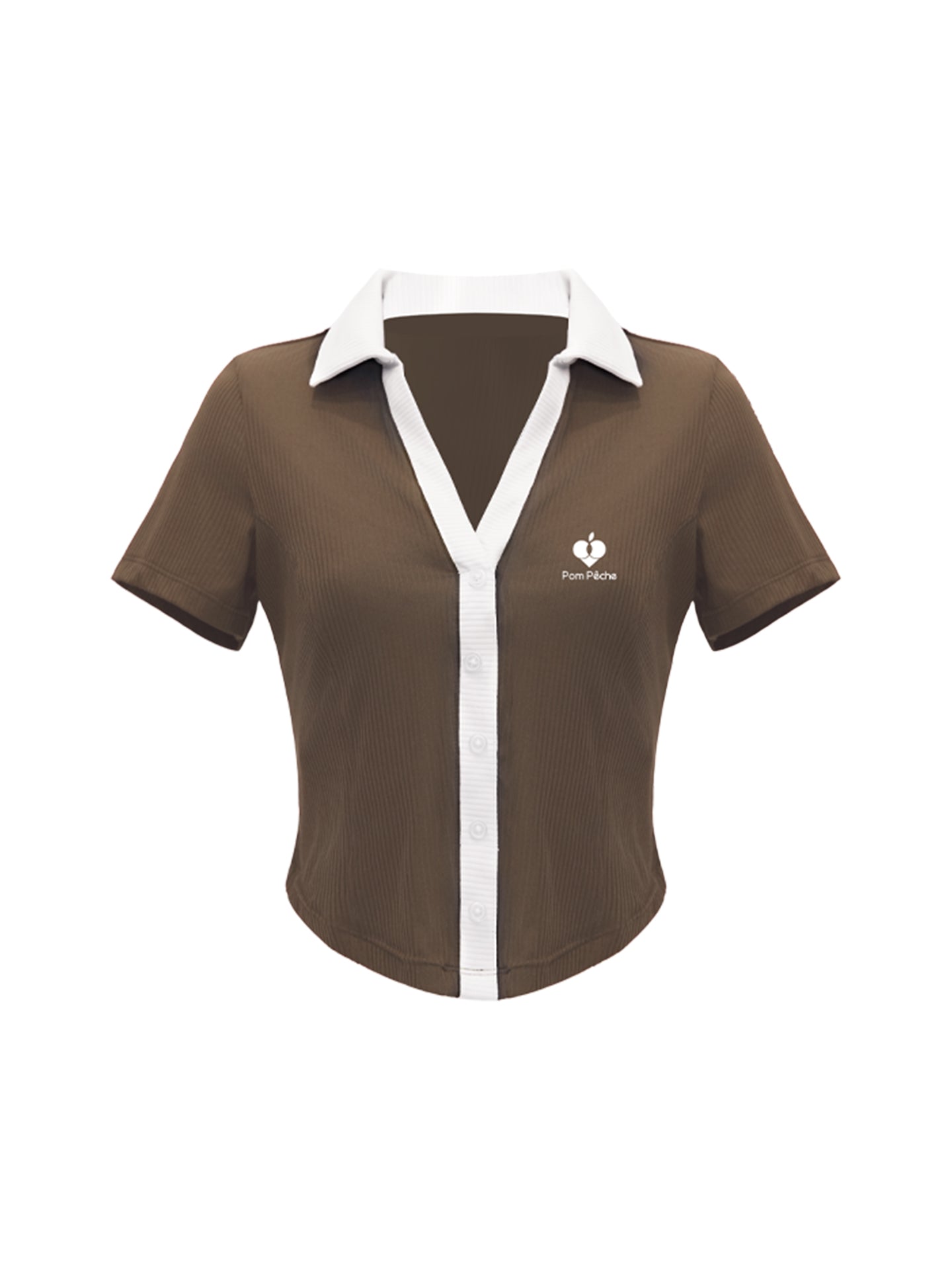 Brown cropped polo tennis top with button-up front and white trim, featuring a fitted, stretchy design for court or casual wear.