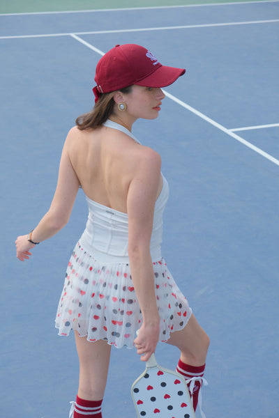 CLARA Mesh Red and Black Checkered Print White Tennis Skirt