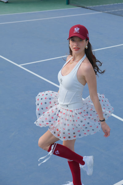 CLARA Mesh Red and Black Checkered Print White Tennis Skirt
