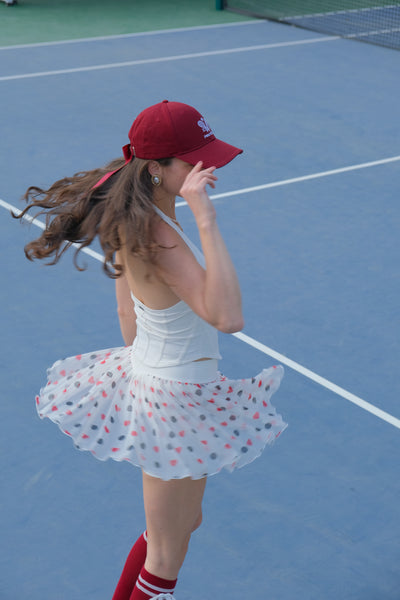 CLARA Mesh Red and Black Checkered Print White Tennis Skirt