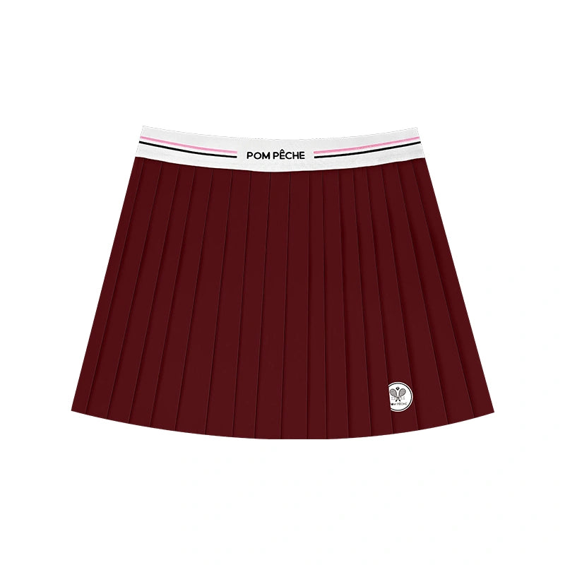 Wine red pleated skirt with white waistband and logo on a white background