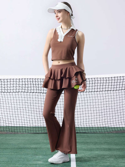 Brown flared tennis leggings with tiered-ruffle skirt, stretchy and breathable, easy movement from court to street.