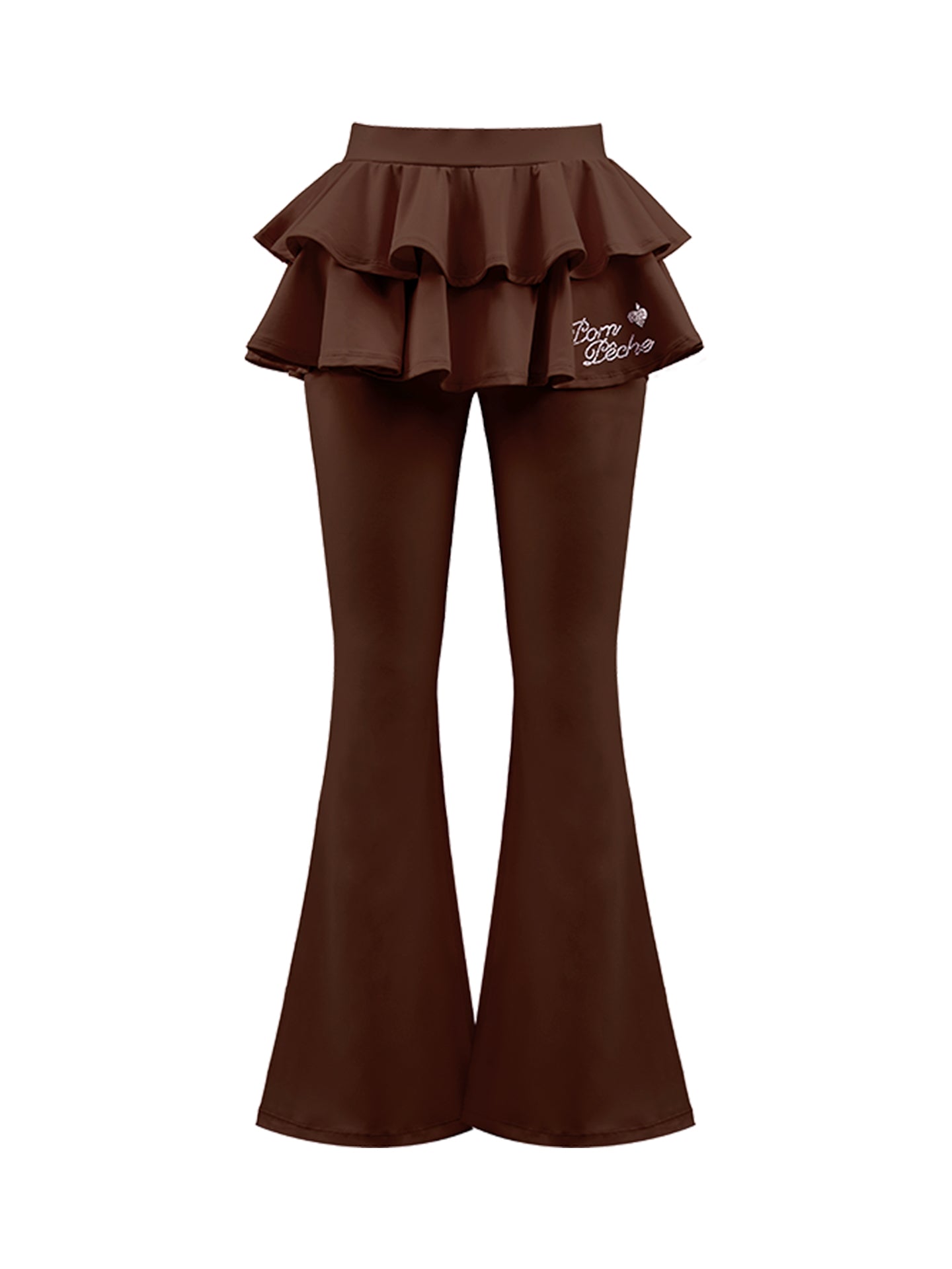 Brown flared tennis leggings with tiered-ruffle skirt, stretchy and breathable, easy movement from court to street.