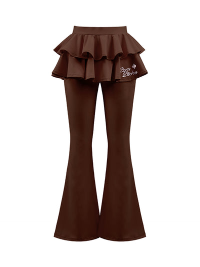 Brown flared tennis leggings with tiered-ruffle skirt, stretchy and breathable, easy movement from court to street.