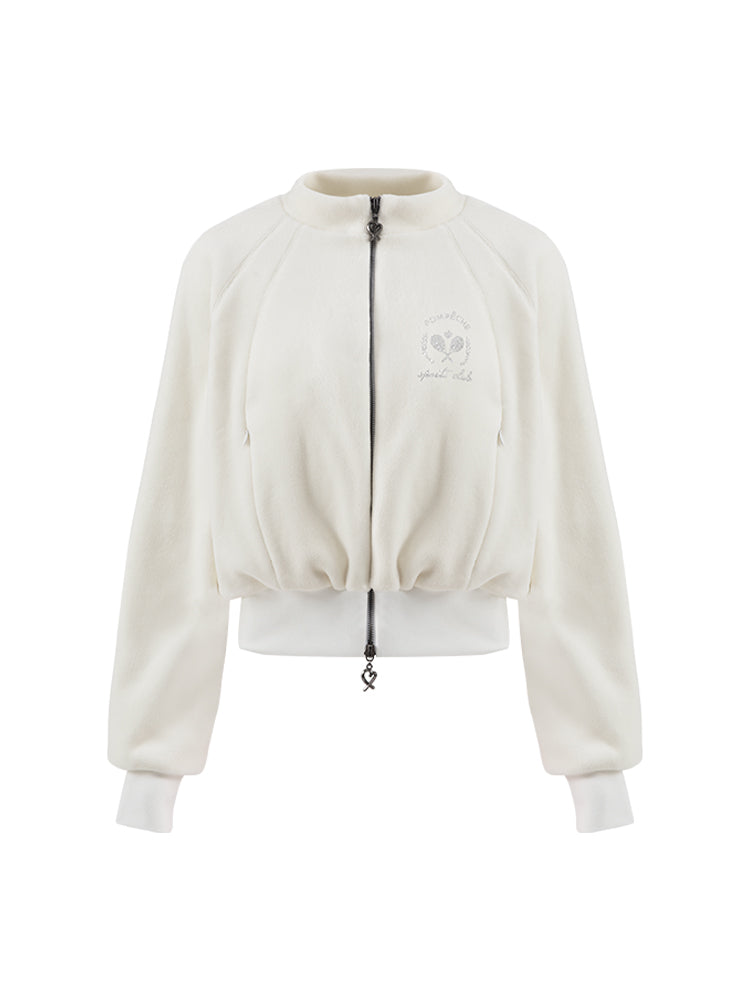 Cream fleece zip-up jacket with a soft texture and subtle logo detail, offering a polished yet cozy look.