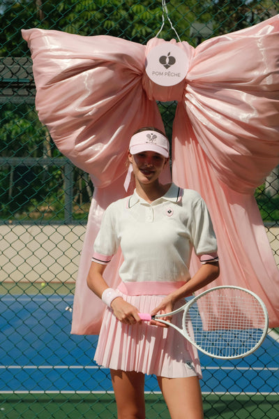 AUDREY Ivy League Puff-Sleeve Polo Shirt with Pink Trim