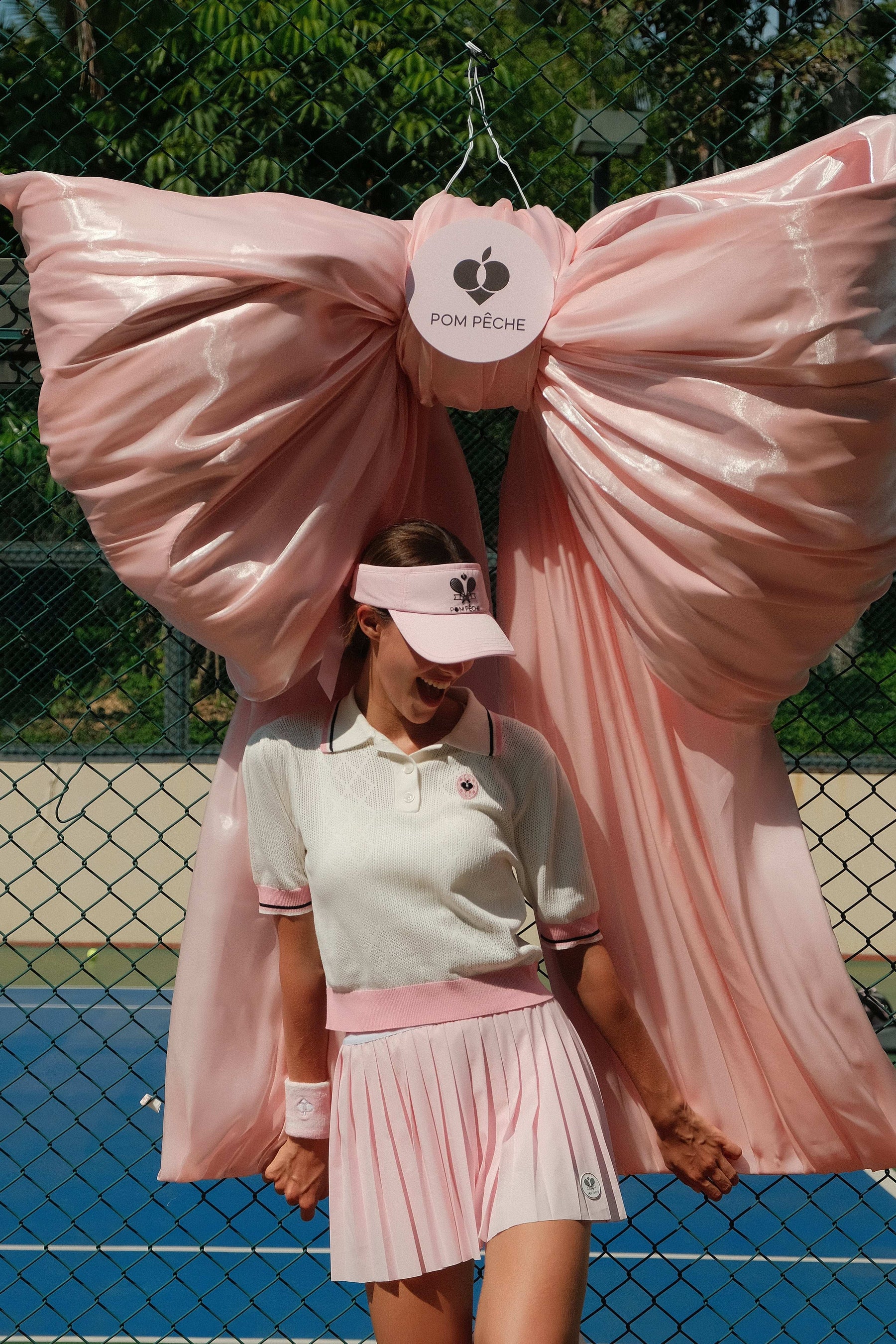 AUDREY Ivy League Puff-Sleeve Polo Shirt with Pink Trim