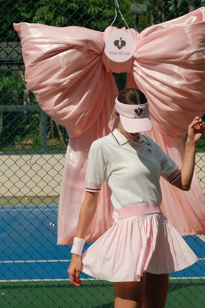 AUDREY Ivy League Puff-Sleeve Polo Shirt with Pink Trim