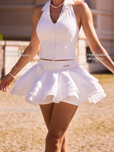Spin™ Rose Petal Skirt - White, featuring a high waist silhouette, four layers of mesh, and a detachable rose accessory design.