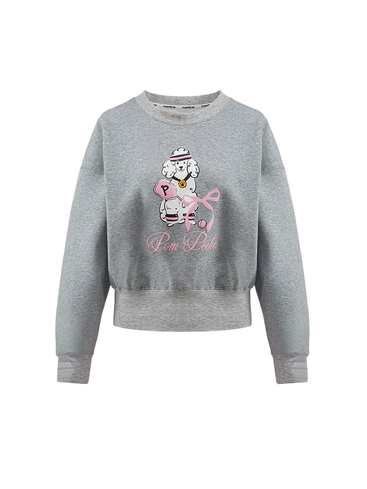Soft, casual sweatshirt featuring a playful dog-and-tennis graphic, perfect for relaxed, sporty looks.