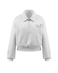 Gray sweatshirt with quarter-zip design and embroidered logo.