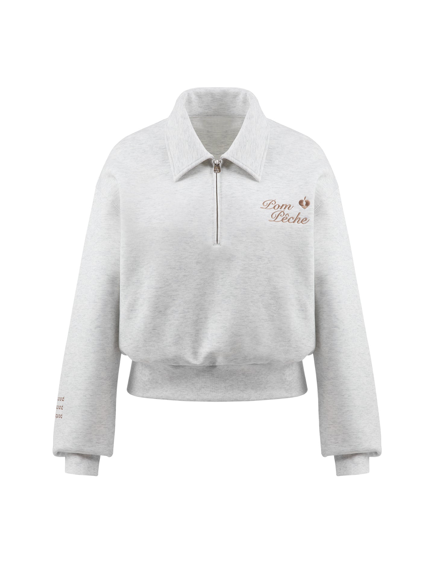 Gray sweatshirt with quarter-zip design and embroidered logo.