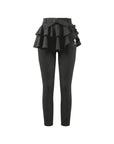 Grey tennis leggings with a tiered ruffle skirt and high waist, stretchy fabric for comfort and active movement .