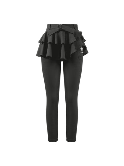 Grey tennis leggings with a tiered ruffle skirt and high waist, stretchy fabric for comfort and active movement .