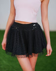 Heart-Dot Pleated Mesh Tennis Skirt - Black