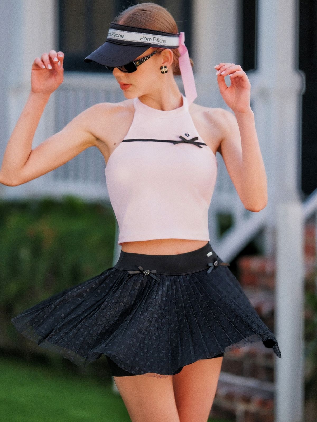 Heart-Dot Pleated Mesh Tennis Skirt - Black