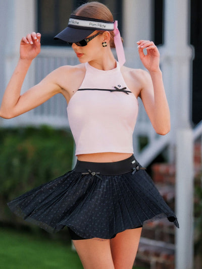 Heart-Dot Pleated Mesh Tennis Skirt - Black