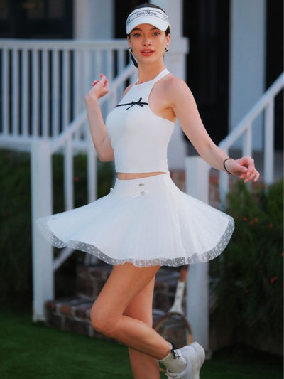 Heart-Dot Pleated Mesh Tennis Skirt - White