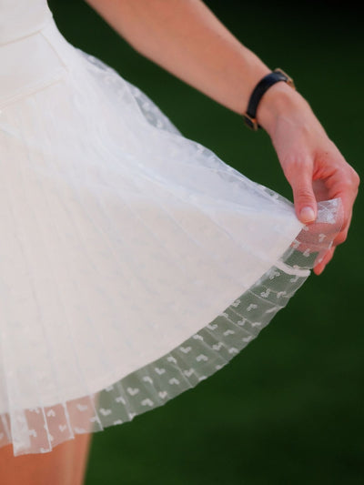 Heart-Dot Pleated Mesh Tennis Skirt - White
