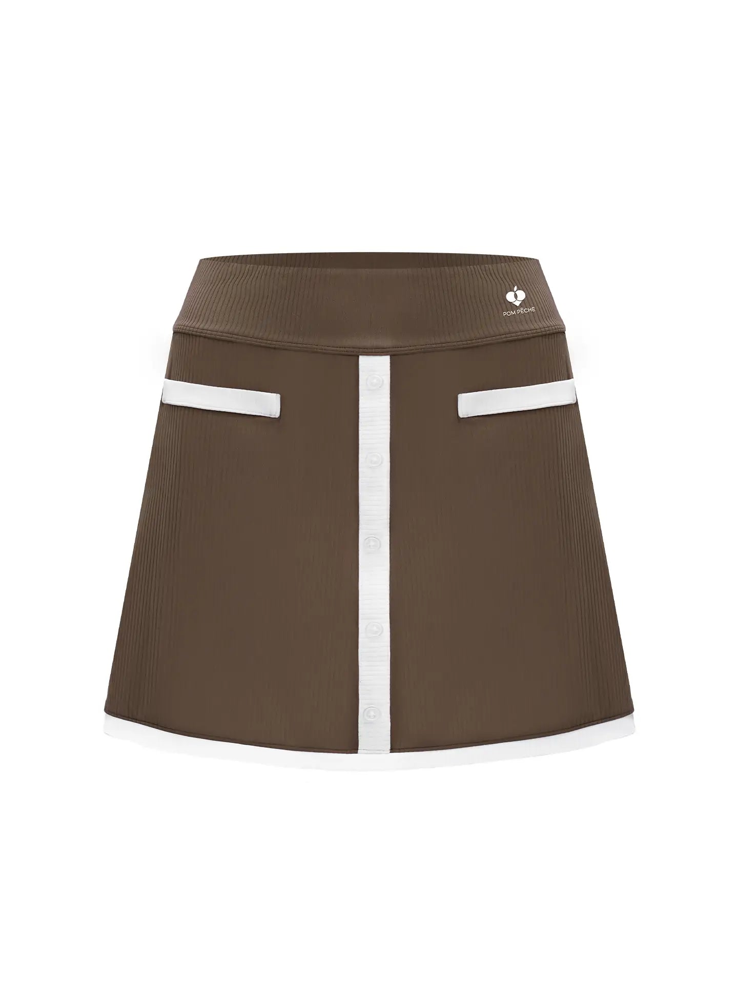 Khaki tennis mini skirt with contrast trims and button-front detail, offering a neat, preppy look for court or casual wear.