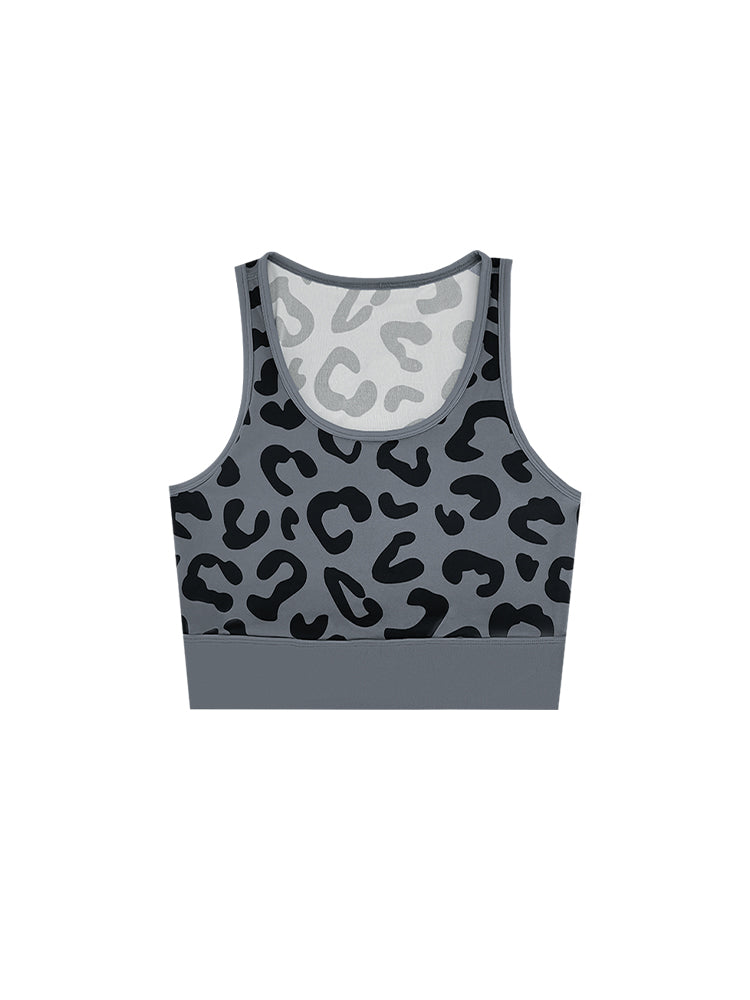 Gray sports bra with printed leopard pattern, designed for comfort and style during active sports.