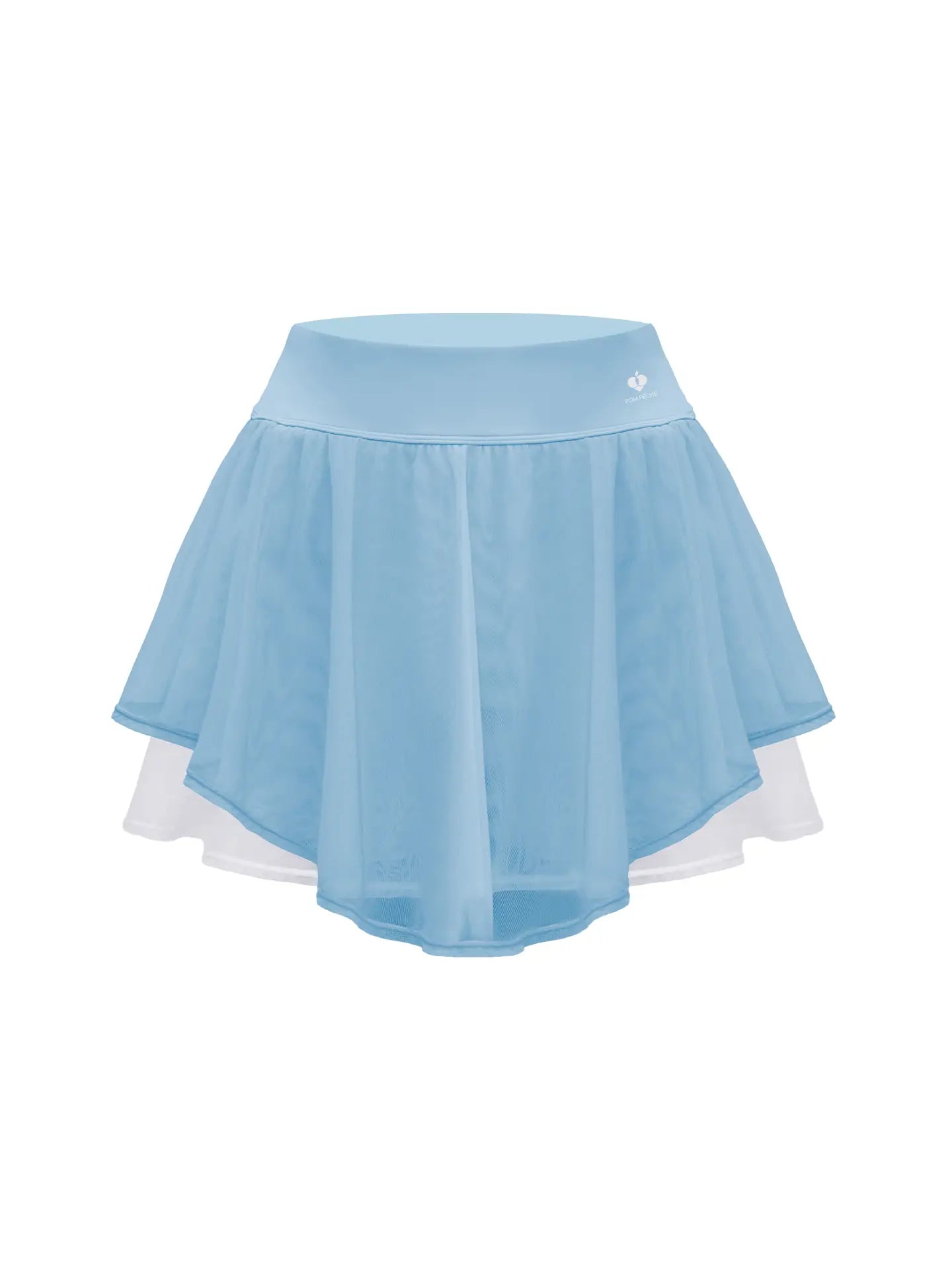 Light blue layered tennis skirt with chiffon layers and built-in shorts, offering a soft, breathable fit.