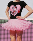 Close-up of Macarons Pink pleated mesh ruffle skirt, airy petal silhouette of Betty Boop tennis skirt