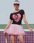 Macarons pink Betty Boop rose ruffle skirt, front full-body view showing high-waisted A-line silhouette and layered mesh.