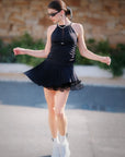 Woman in mesh halter tank - black