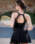 Mesh halter tank top from behind. 