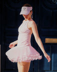 Woman wearing mesh halter tank pink 