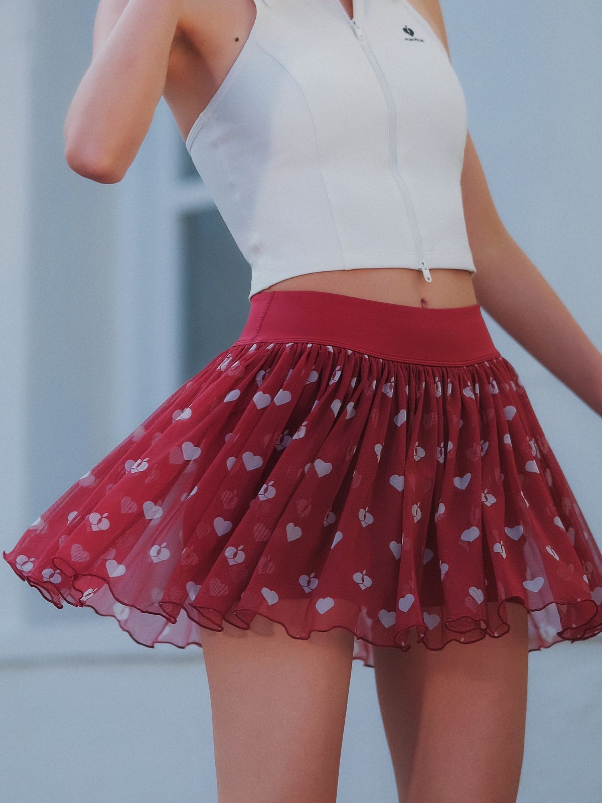 Mesh Tennis Skirt with Heart Dot - Red
