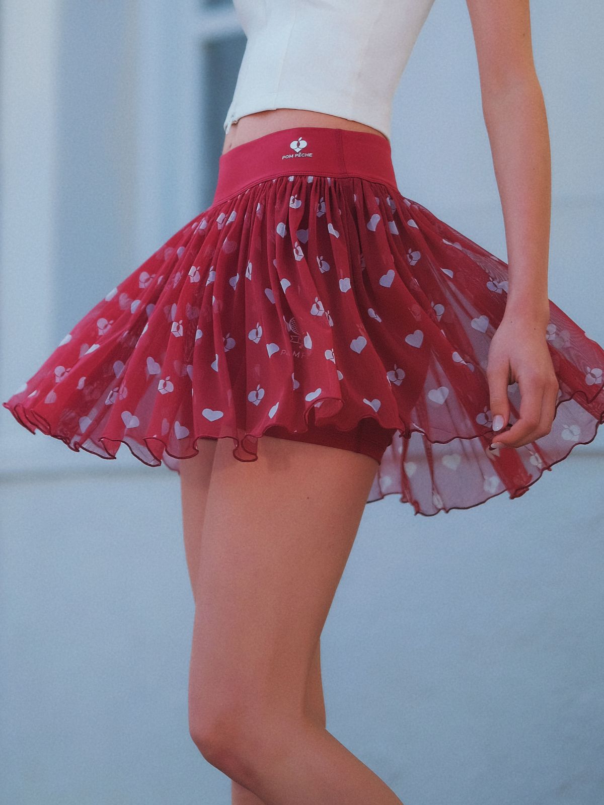Mesh Tennis Skirt with Heart Dot - Red