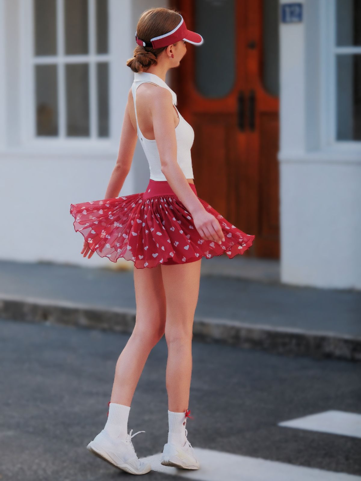 Mesh Tennis Skirt with Heart Dot - Red