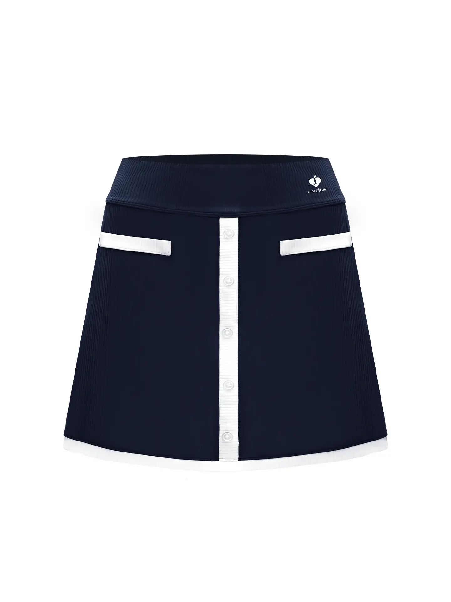 Navy blue tennis mini skirt with contrast trims and button-front detail, offering a neat, preppy look for court or casual wear.
