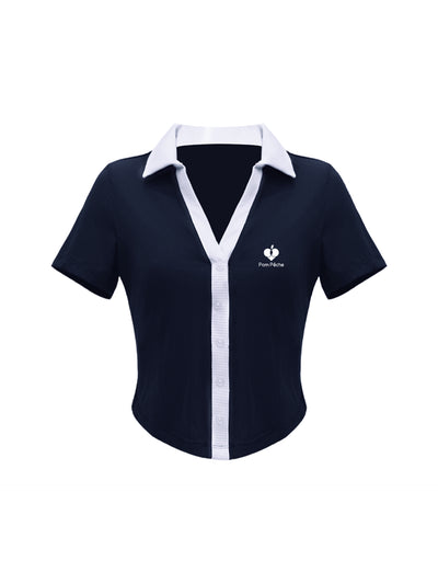 OSWALD Tight-Fit Polo Top with Bra Pad - Navy Blue
